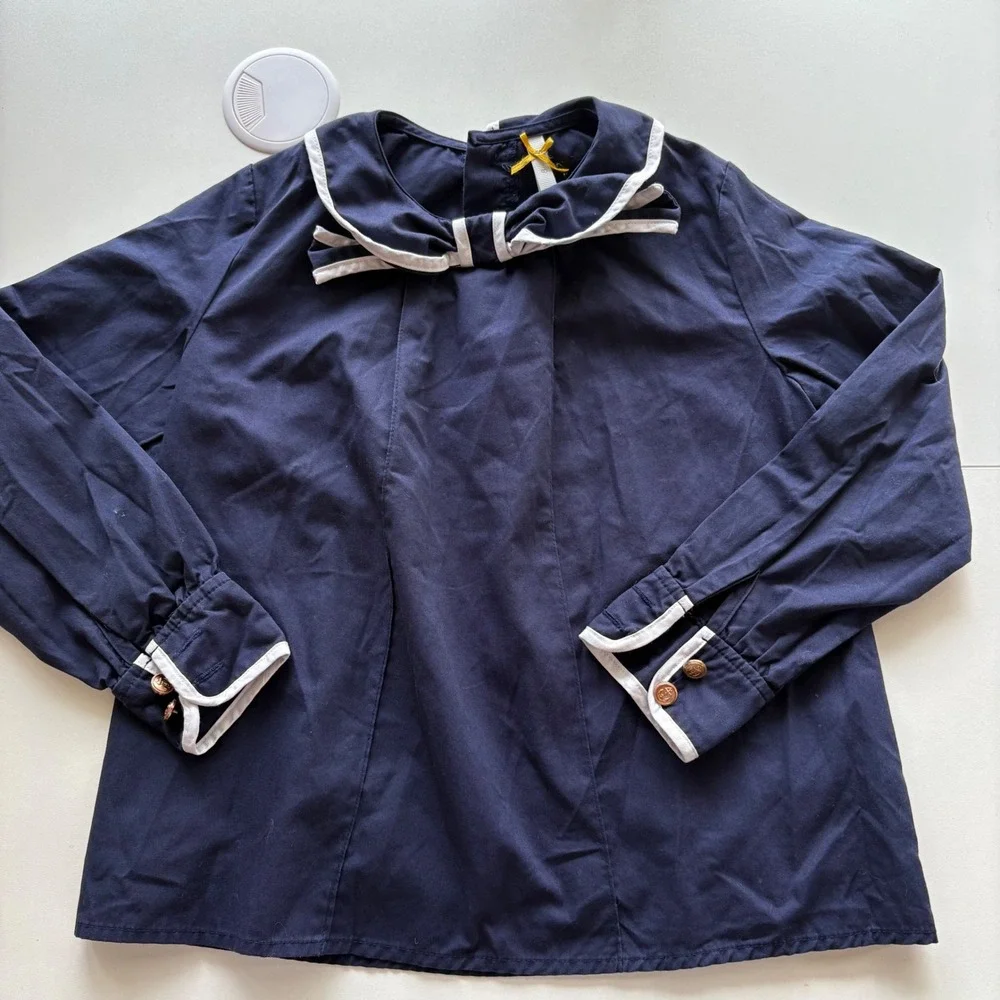Kidichic Long Sleeve Blouse Kids Size 8 Navy Blue Peter‎ Pan Collar Bow Detail